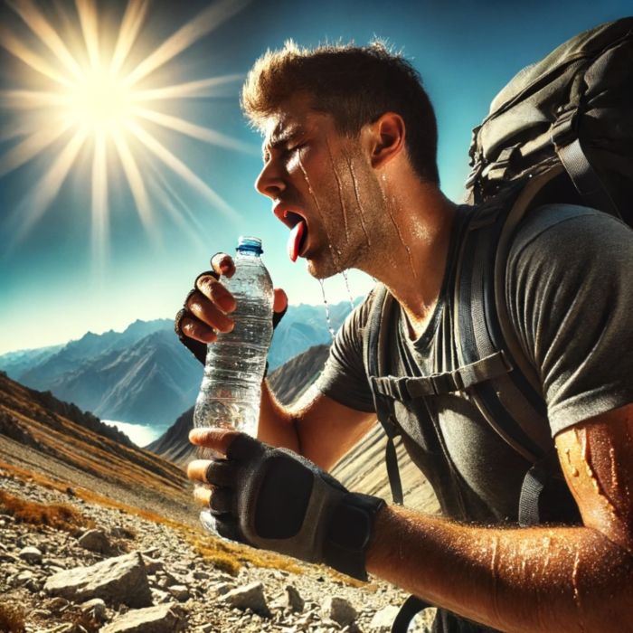 man holding a water bottle in the middle of the desert