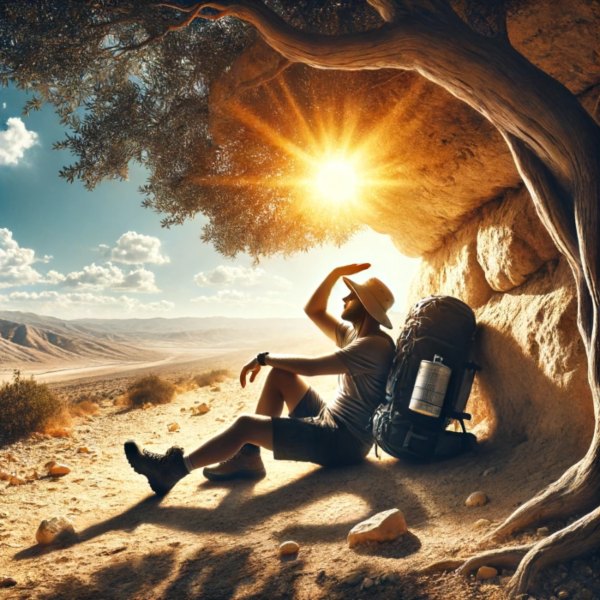 man in the mountains taking shade from the tree above