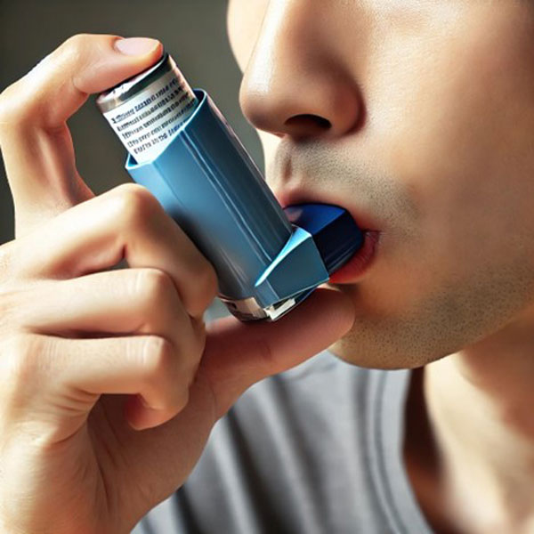 a woman using mouth inhaler