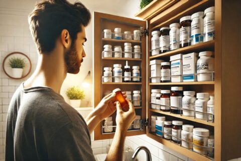 person standing in front of a medicine cabinet choosing a pill bottle