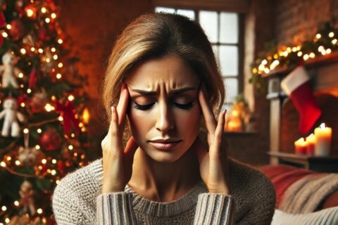 woman rubbing her temples visibly frustrated during the holiday season